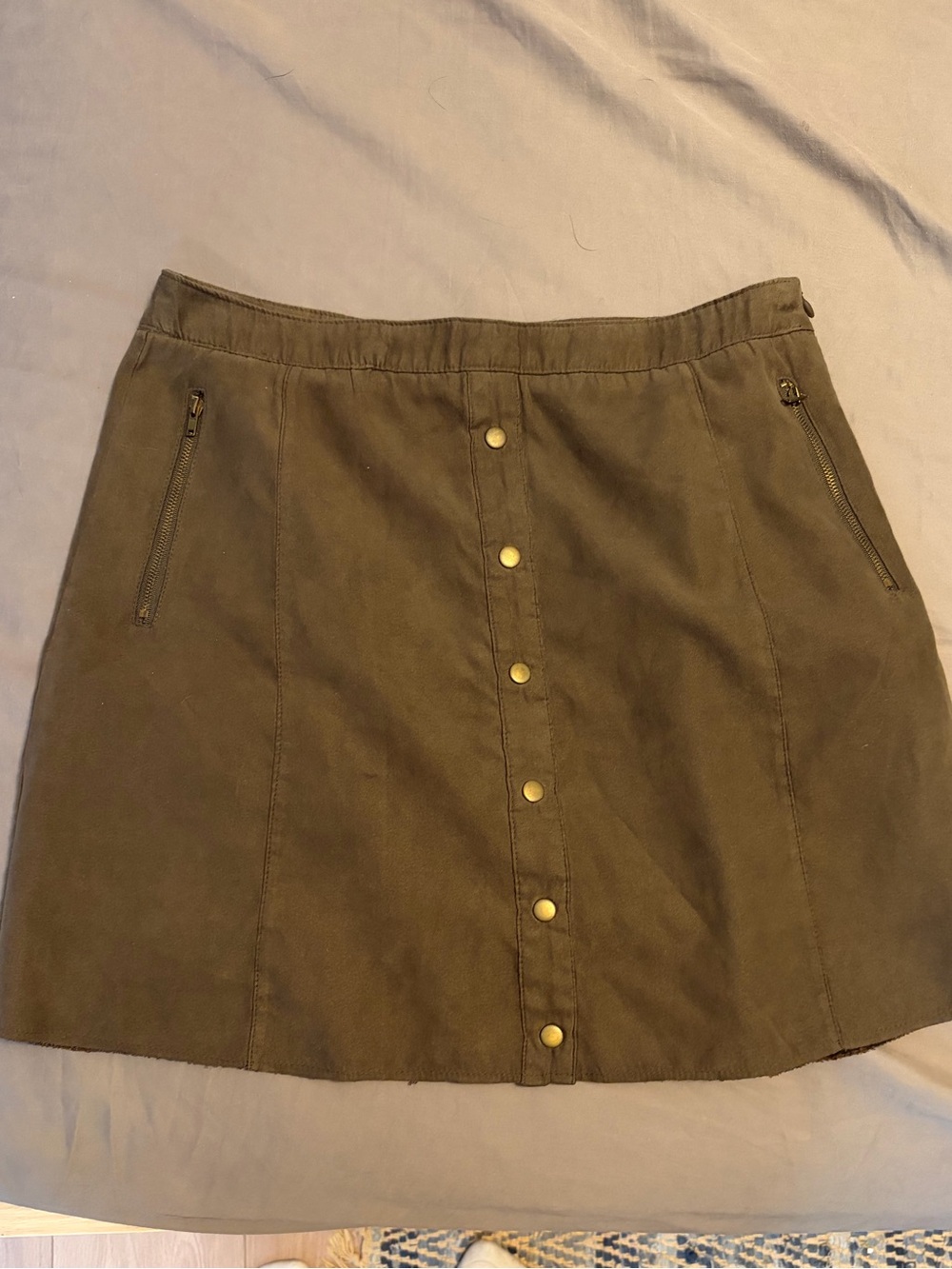Double Zero Olive Button-Front A-Line Mini Skirt